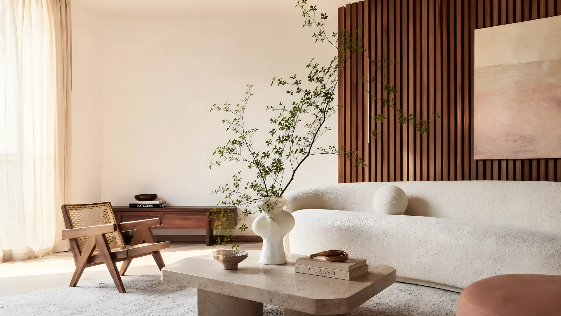 Living room with a boucl&eacute; sofa, travertine table and walnut slat wall, styled with a sculptural vase and a flowering branch